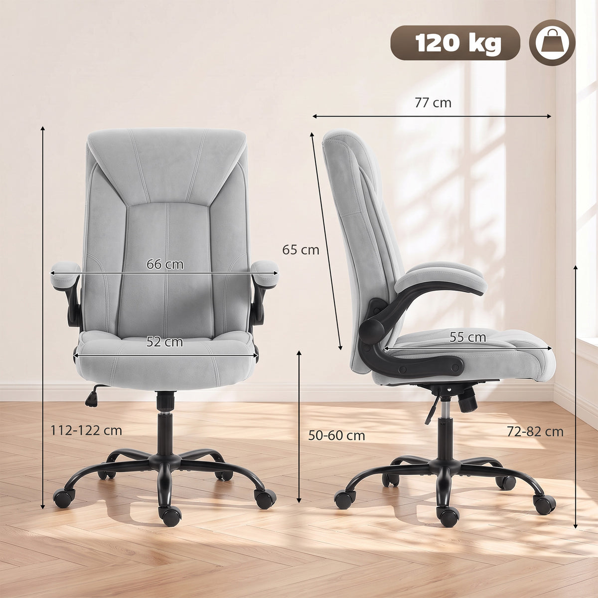 Chaise Bureau Ergonomique en Tissu Flanelle, Hauteur Réglable, Bascule, Accoudoirs Relevables, 66x77x122cm, Gris Clair-2