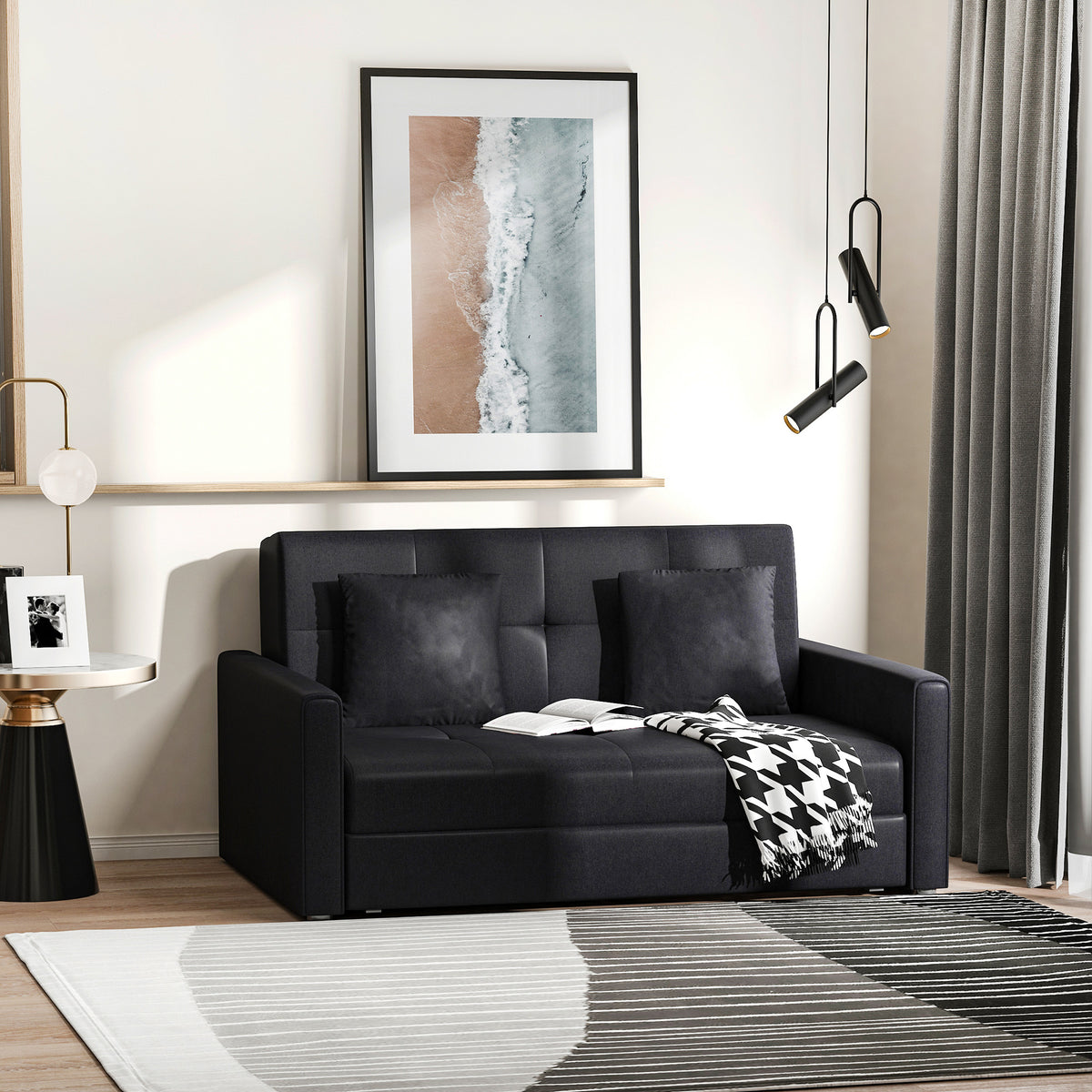Canapé-lit 2 places convertible 2 en 1 avec 2 coussins et coffre de rangement intégré 152 x 101 x 81 cm gris foncé-1