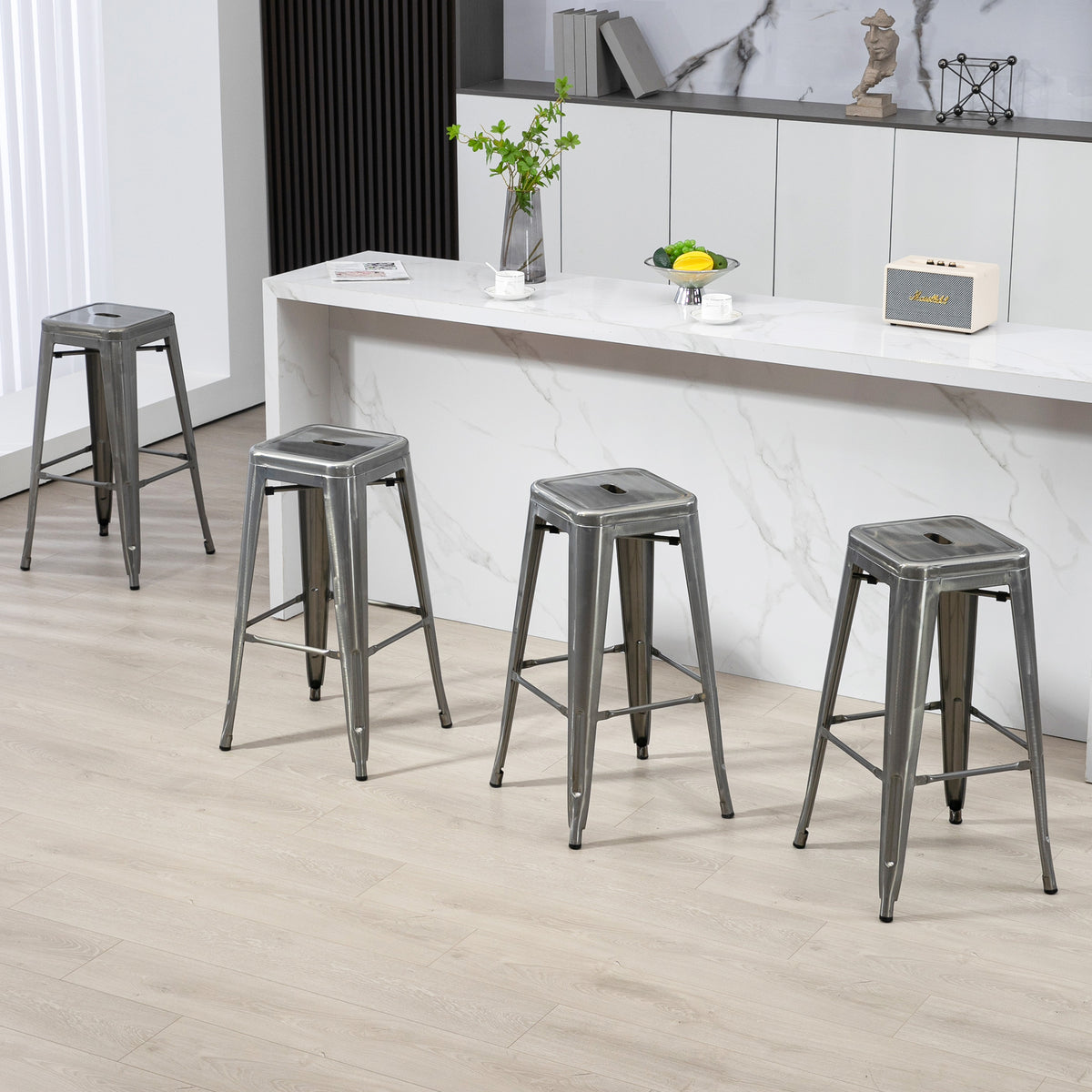 Lot de 4 tabourets de bar industriel empilables hauteur assise 76 cm métal argent-1