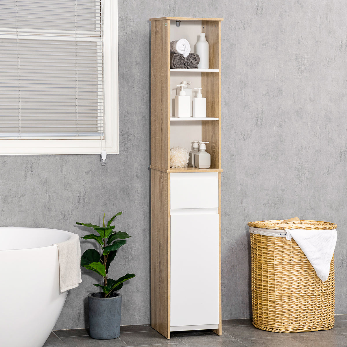 Meuble Colonne Rangement Salle de Bain Style Cosy 3 niches tiroir Placard avec étagère Blanc Aspect chêne Clair-7