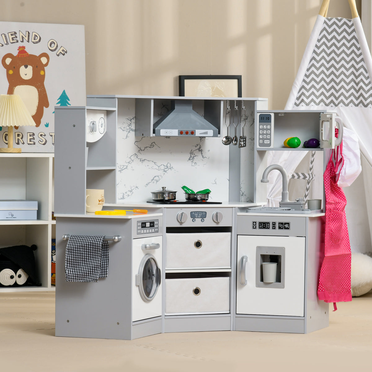 Cuisine enfant en bois avec 17 accessoires légumes en plastique boutons et lumières toque 3-6 ans gris blanc-9
