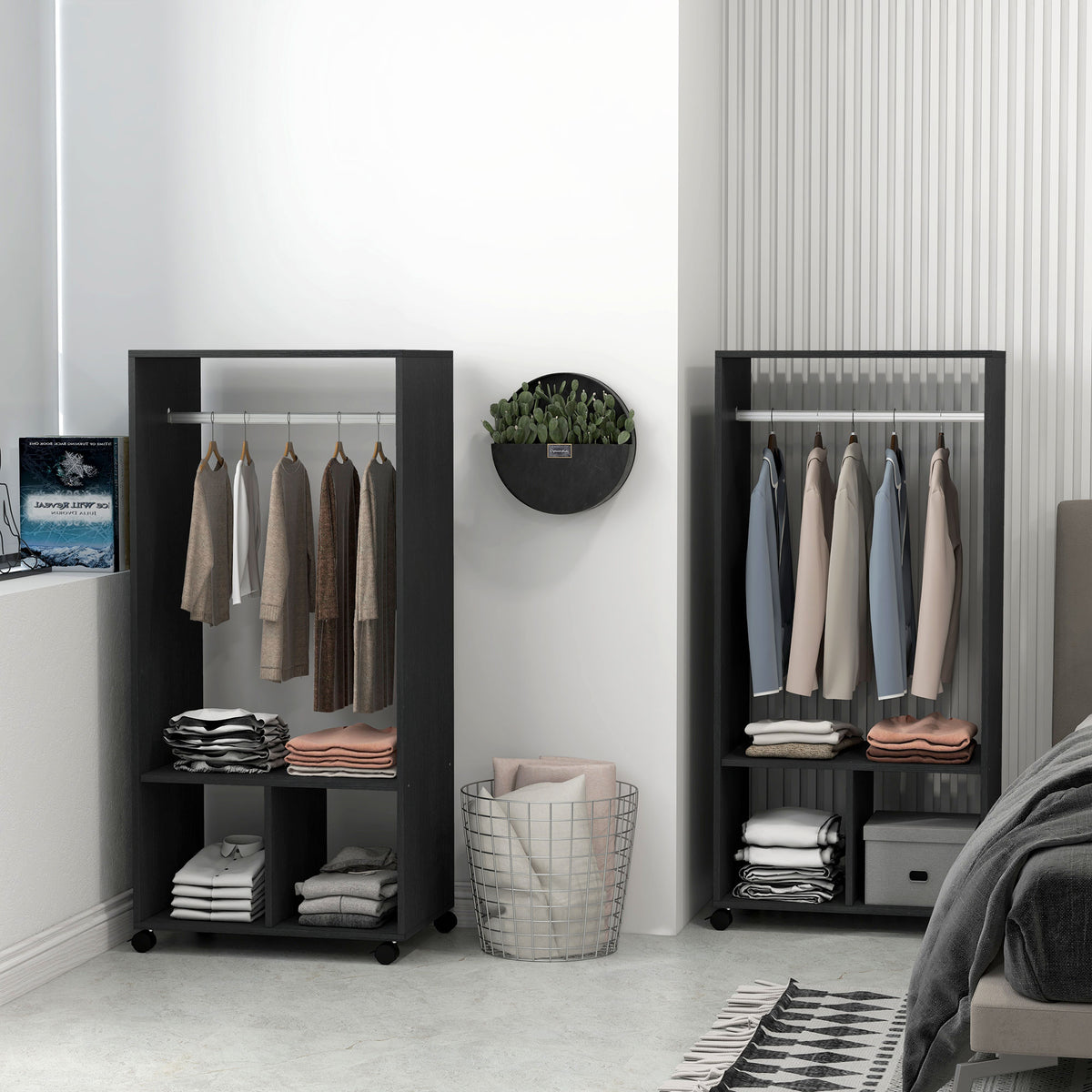 Lot de 2 portants à vêtements penderie mobile avec roulettes 2 niches + Grand Espace penderie en bois noir-9