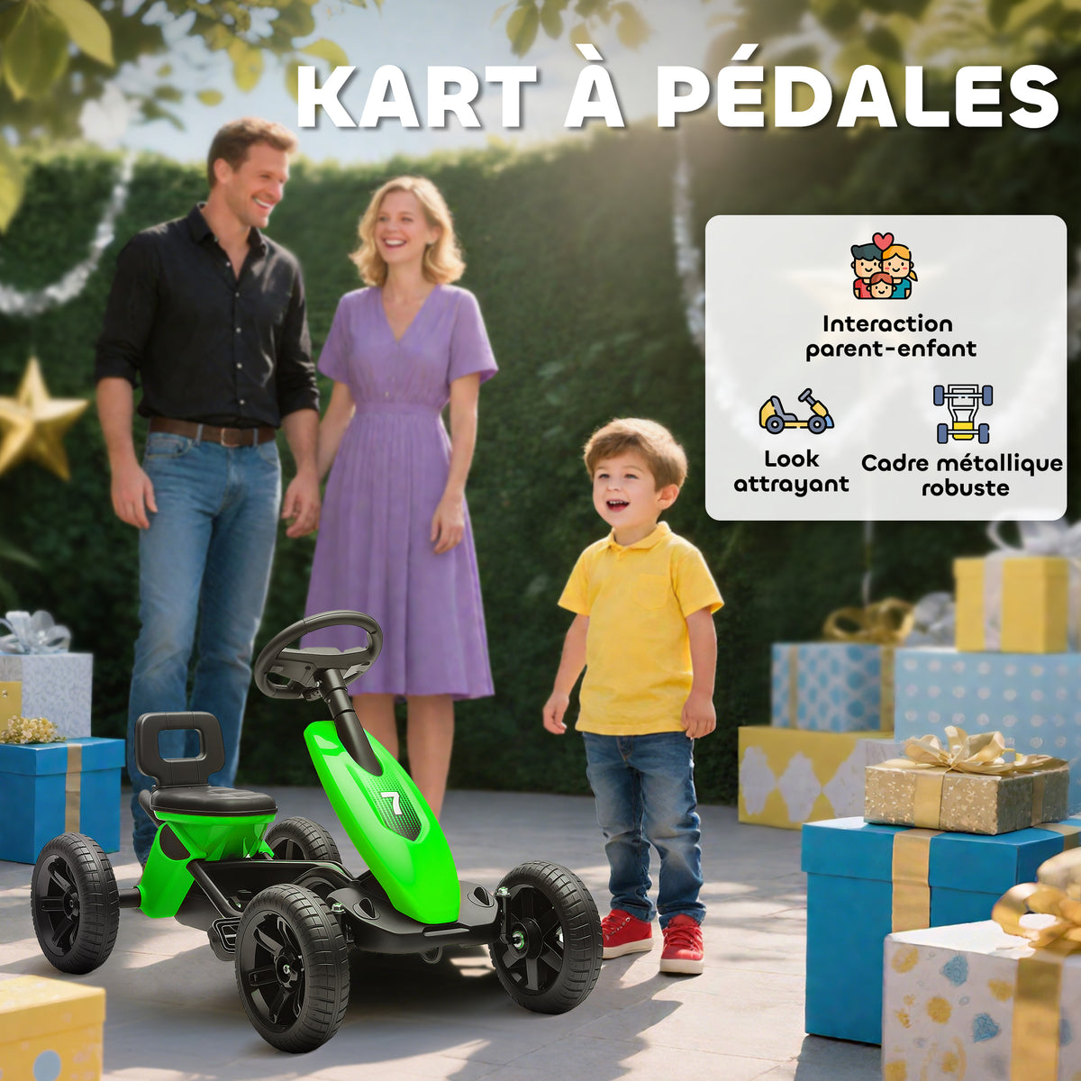 Kart à pédales pour enfants, karting enfant de 2 à 5 ans avec roues EVA silencieux, avancer et reculer, vert-3