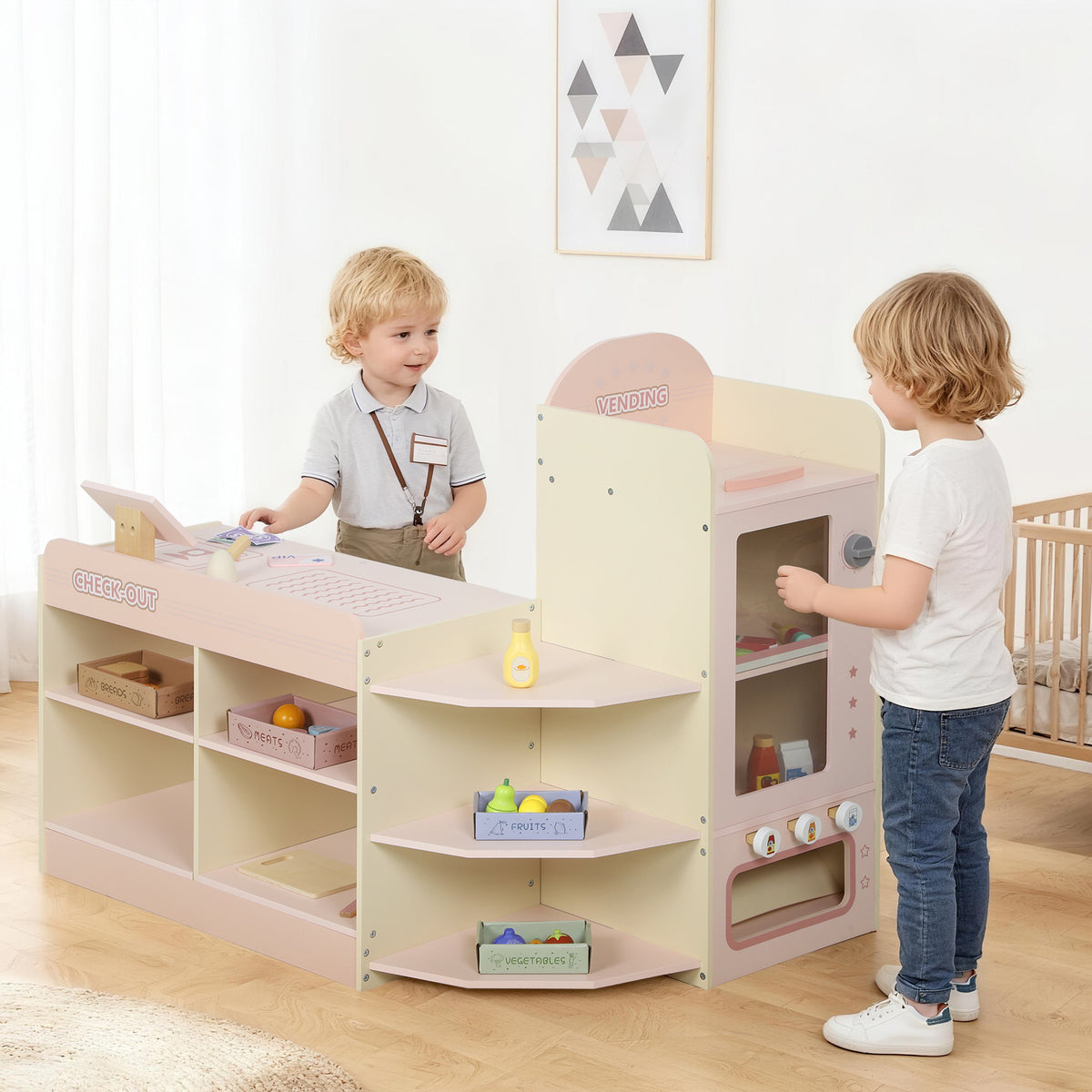 Supermarché pour enfant, marchande en bois, caisse enregistreuse, distributeur et accessoires, 90,7x60x73,8cm, vert-1