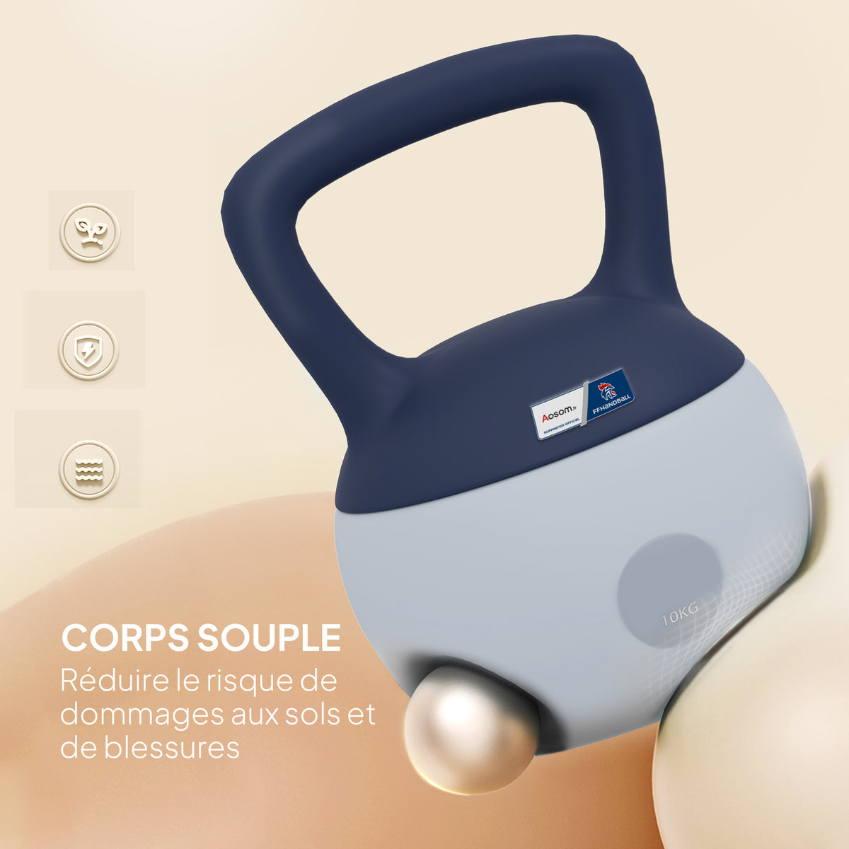 Kettlebell 10kg - Collaboration .fr x FFHandball - haltère avec poignée antidérapante, gris et bleu-3