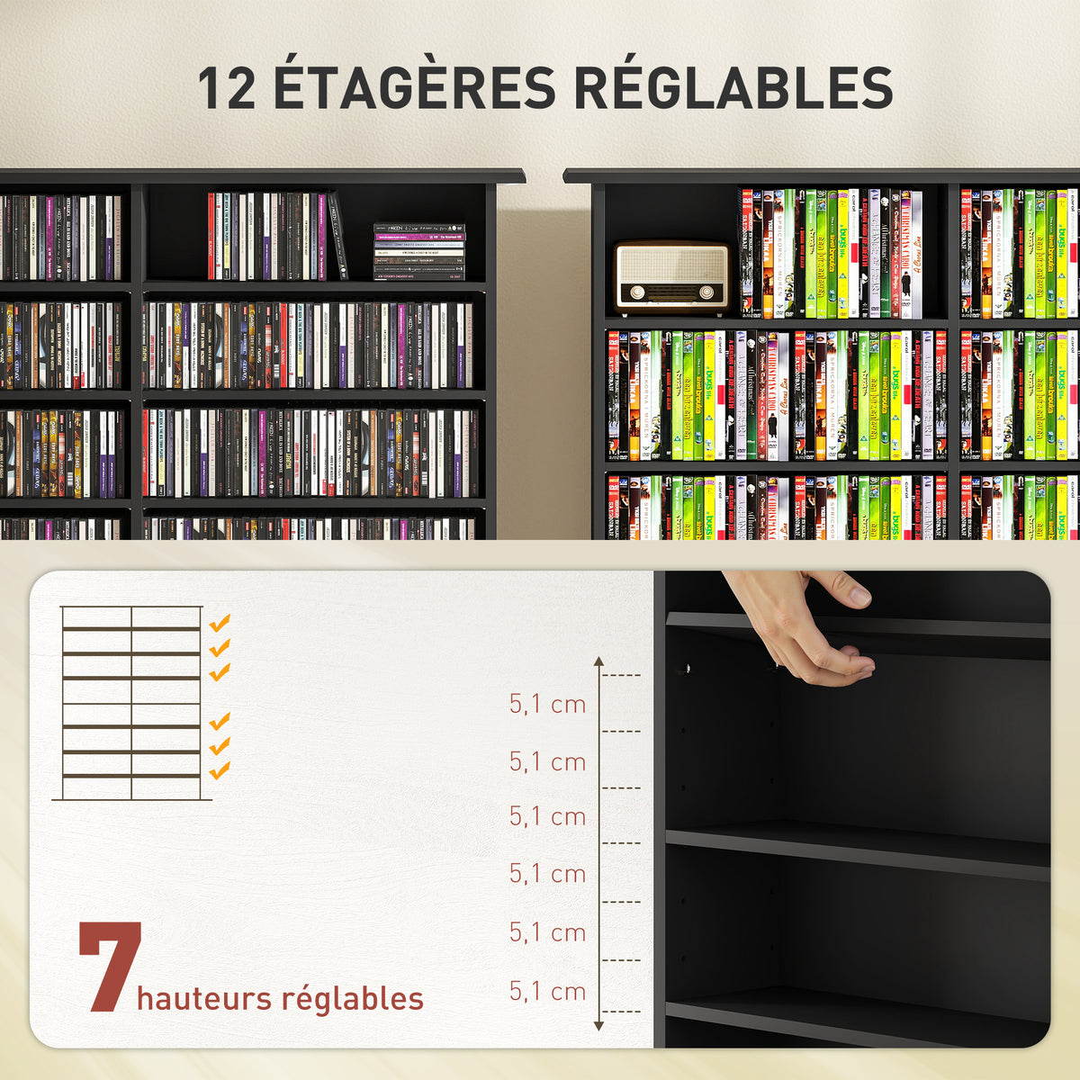 Rangements pour CD et DVD avec 16 compartiments et 12 étagères réglables capacité max. 720 CD/396 DVD et Blu-ray noir-4