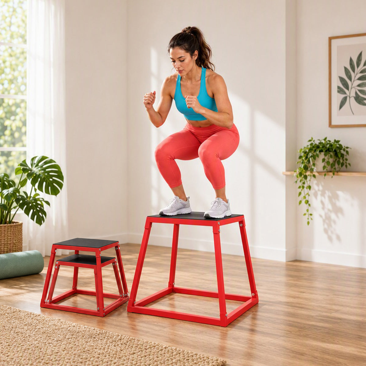 Boîte Entraînement Pliométrique Trapézoïdale en Acier, 3 Plateformes de Saut Antidérapantes 30,5/45,8/61 cm, Rouge-7