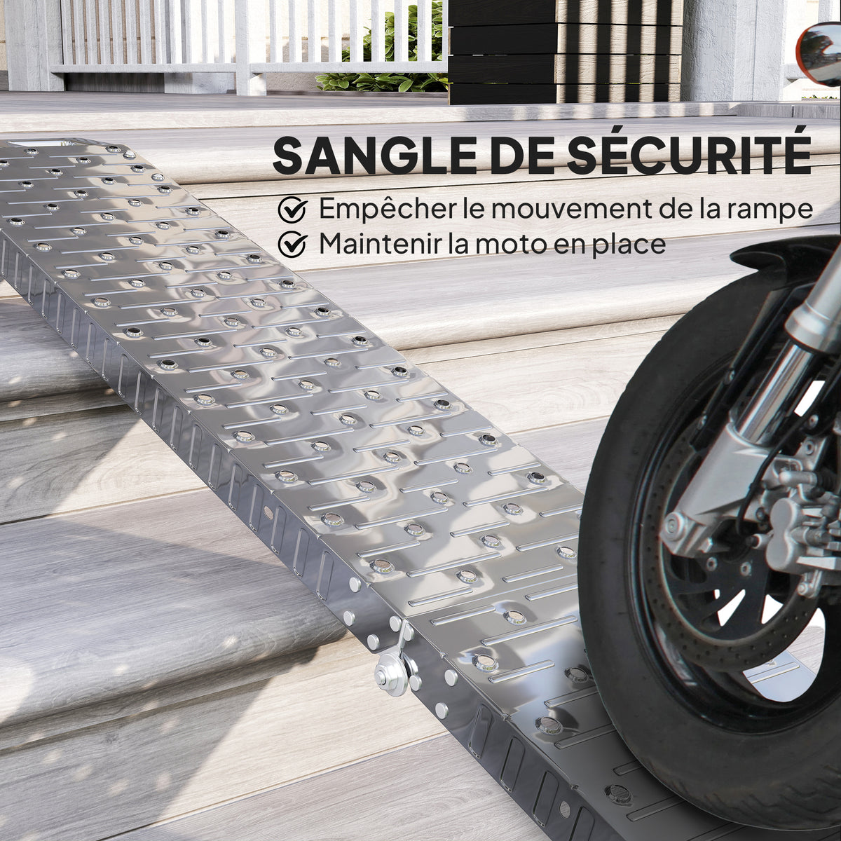Rampe de chargement pliable 230 kg, rampe d'accès motos en acier galvanisé sangles de sécurité, 190 x 22 x 8 cm, argent-6