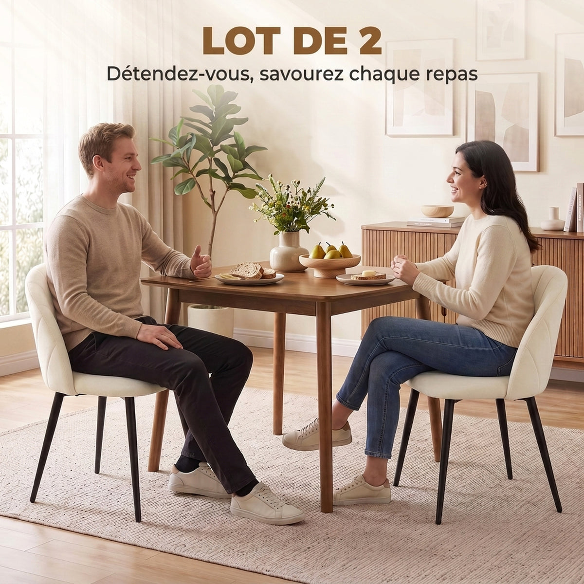 Lot de 2 chaises de salle à manger, chaises de cuisine rembourrées sans accoudoirs, pieds en acier, 52x55x79cm, crème-3