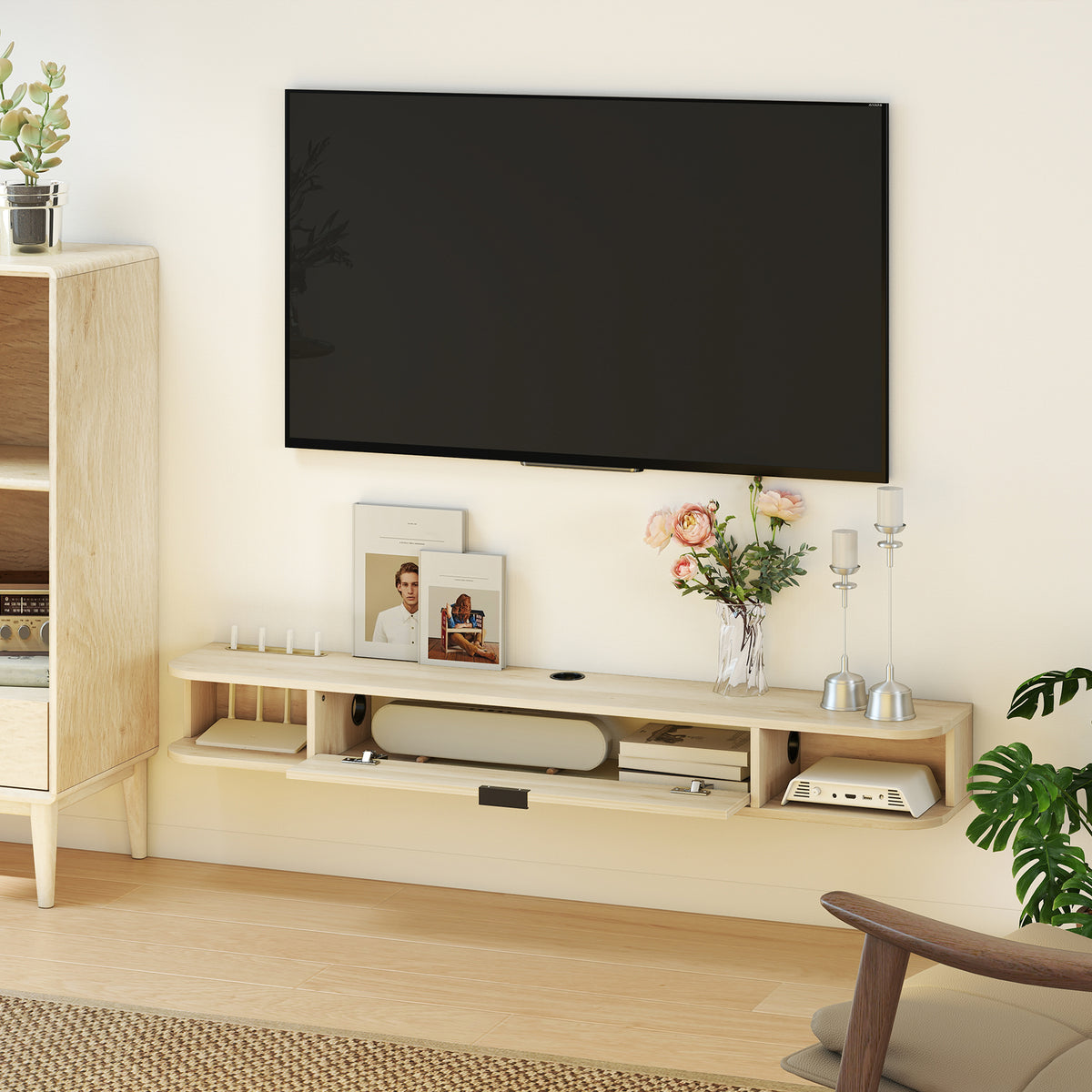 Meuble TV suspendu, meuble télé pour téléviseur jusqu'à 60 pouces, tiroir rabattable 2 étagères 140x24x16cm bois naturel-7