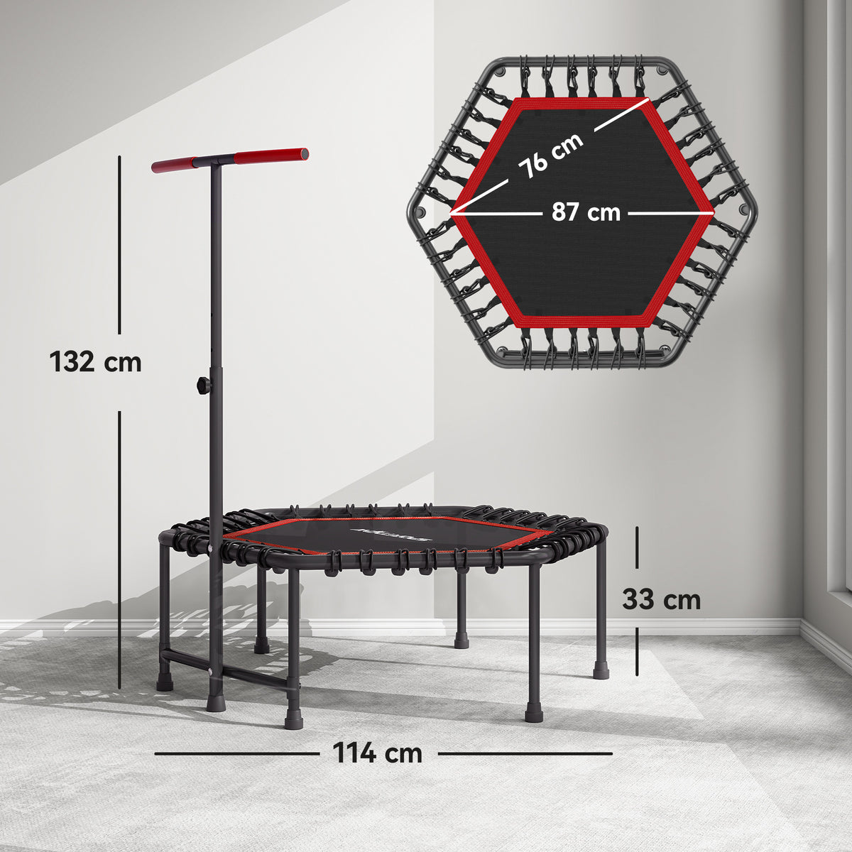 Trampoline de fitness 114 cm, cordes élastiques, poignée réglable 3 positions, trampoline d'exercice silencieux, rouge-2
