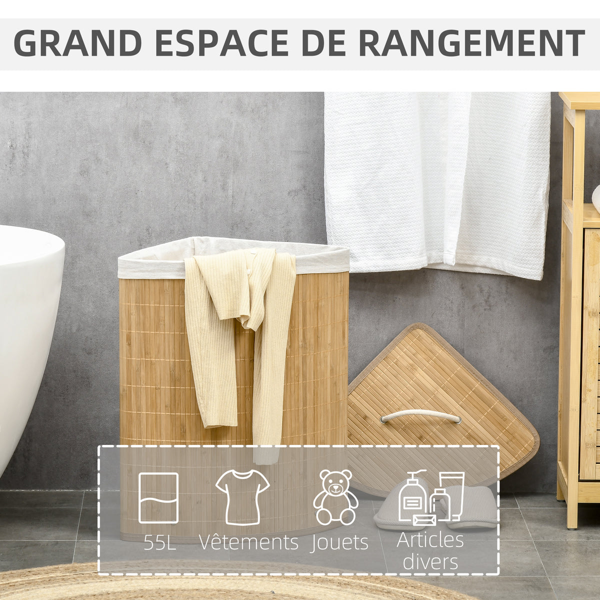 Panier à linge en bambou d'angle 55L avec couvercle et sac amovible 38 x 38 x 57 cm bois naturel-3