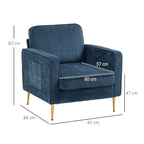 Fauteuil en tissu avec pieds en acier doré, grand confort, pochettes latérales, pour salon, bureau, chambre, bleu-2