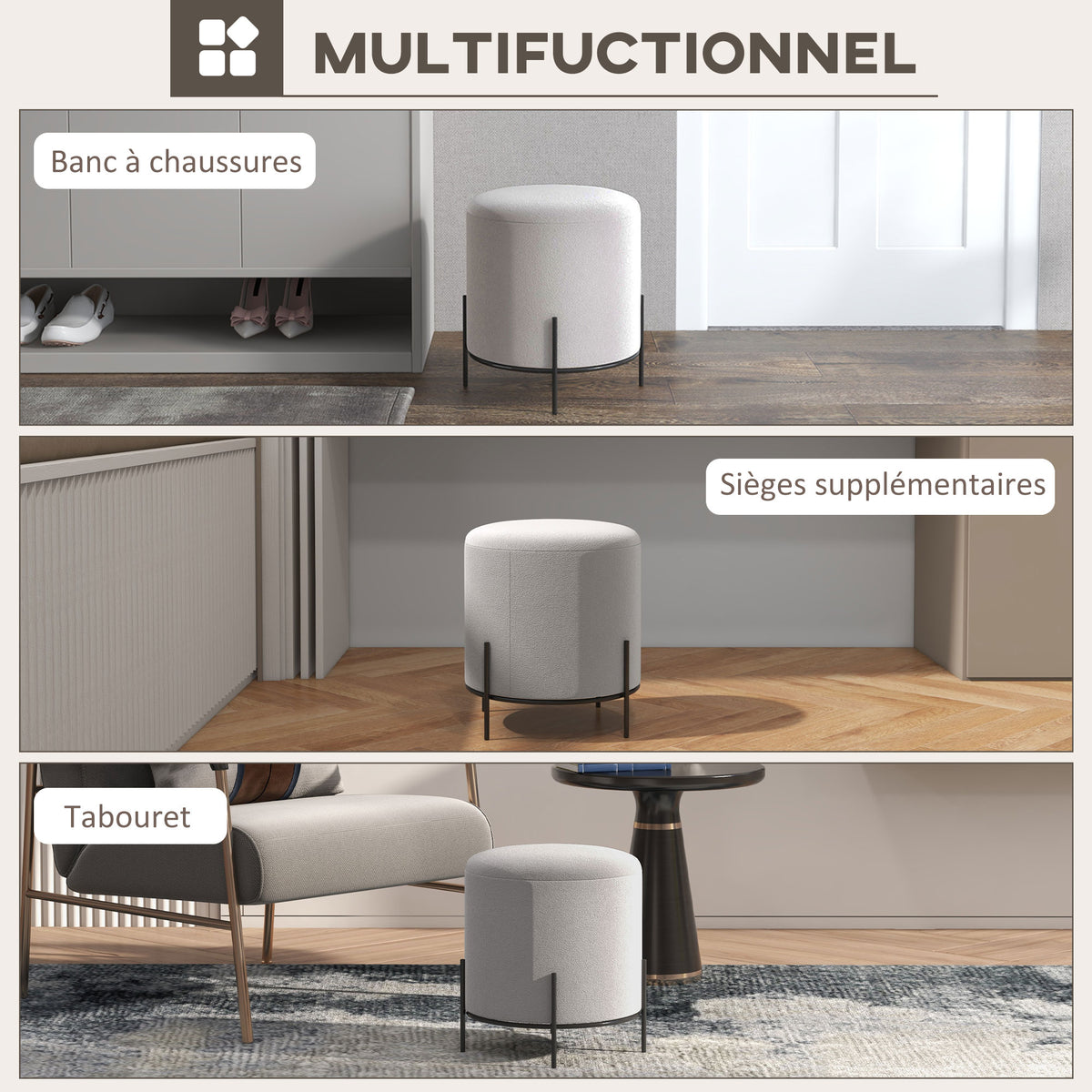 Lot de 2 poufs ottoman tabouret pouf repose-pied en velours pieds en acier pour salon chambre Ø 35 x 38 cm gris clair-4