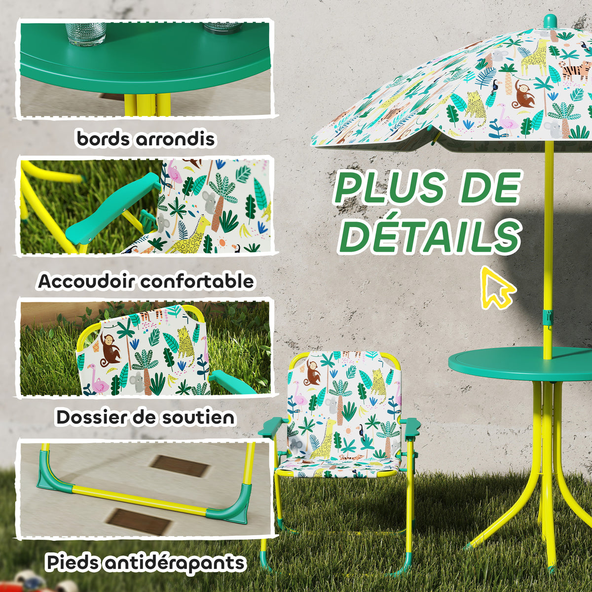 Ensemble Salon de Jardin Extérieur Enfant avec 2 Chaises Pliantes et Parasol, Thème Jungle, pour Jardin, Terrasse, Vert-5