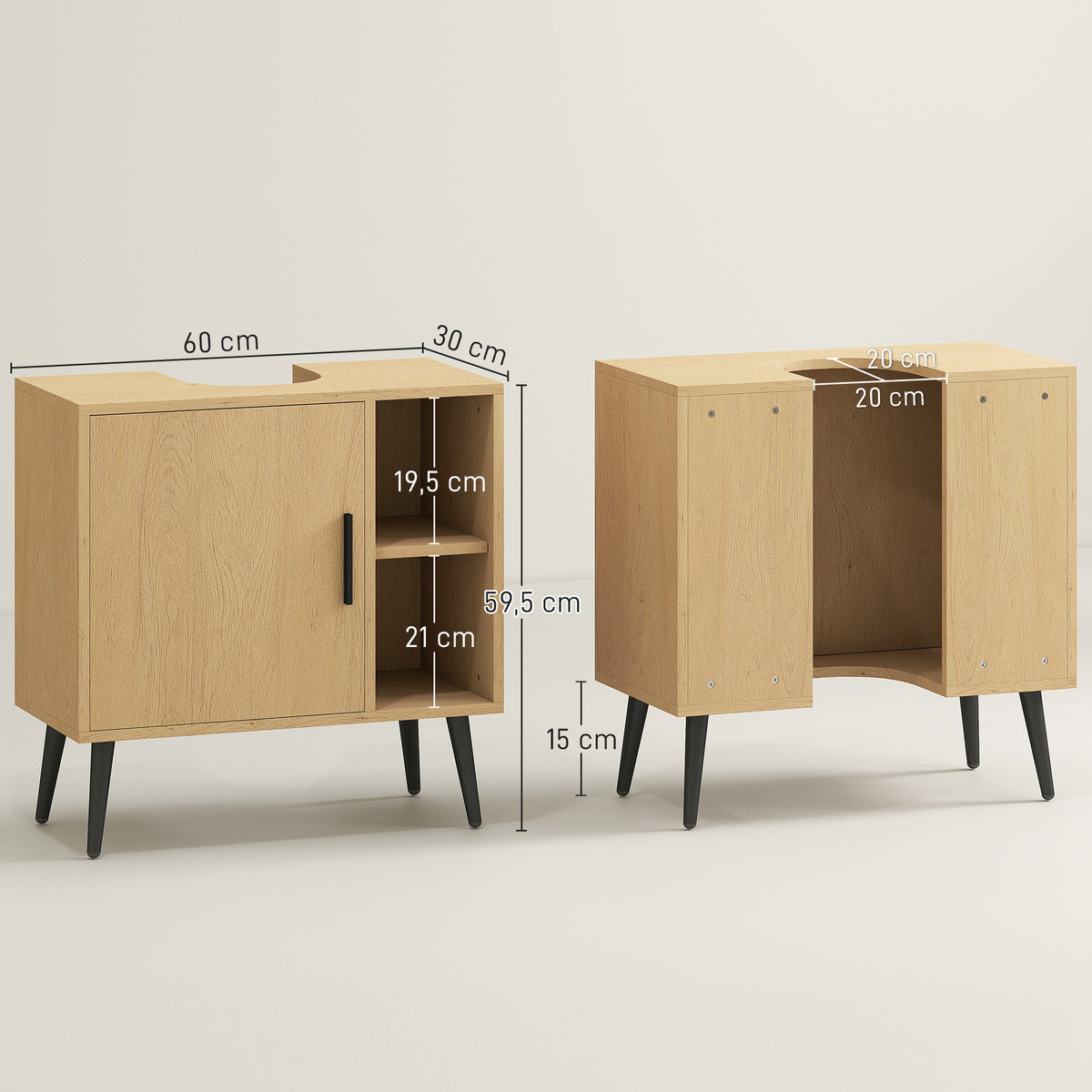 Meuble sous lavabo salle de bain avec porte à fermeture progressive et étagère réglable, 60 x 30 x 59,5 cm, chêne-2