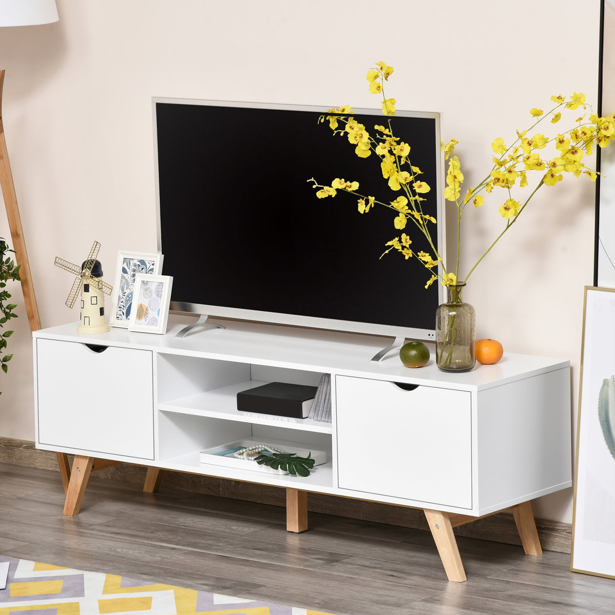 Meuble TV Banc TV sur Pied Moderne Scandinave 2 Portes 2 niches en Bois Blanc 150L x 39l x 50H cm-1