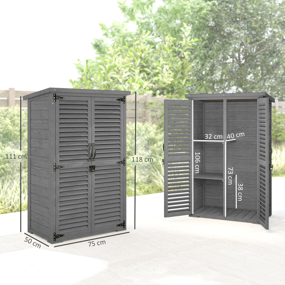 Armoire de Jardin Remise Pour Outils en Bois 2 Étagères Toit Bitumé Portes Persiennes Verrouillable 75 x 50 x 118cm Gris-2
