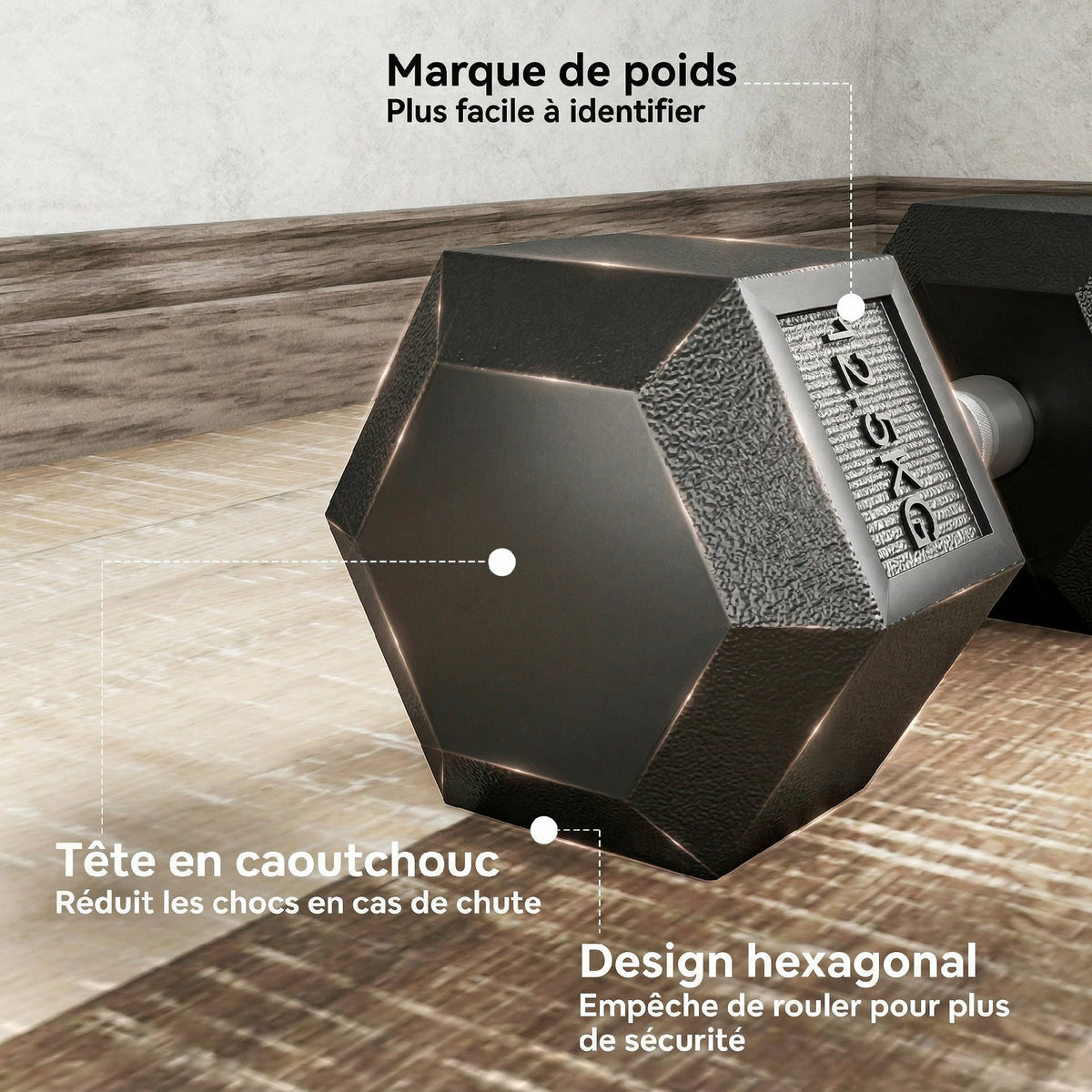 Lot de 2 Haltères hexagonaux 25 kg en fonte caoutchouté pour maison bureau gym à domicile, noir-3