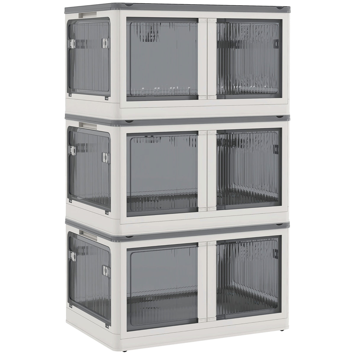 Boîtes de rangement pliables et empilables 69L en plastique avec couvercle et 4 roulettes, accès à 5 côtés, blanc-0