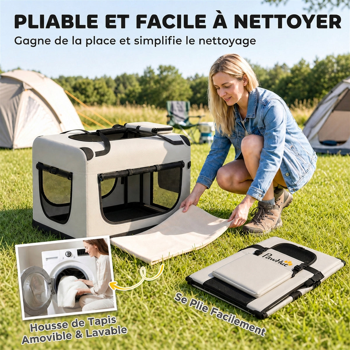 Grand Sac Transport Chat Chien Plaible Respirant Sangle Sécurité Coussin Lavable Gamelle Pliable 70x52x50cm Gris Clair-5