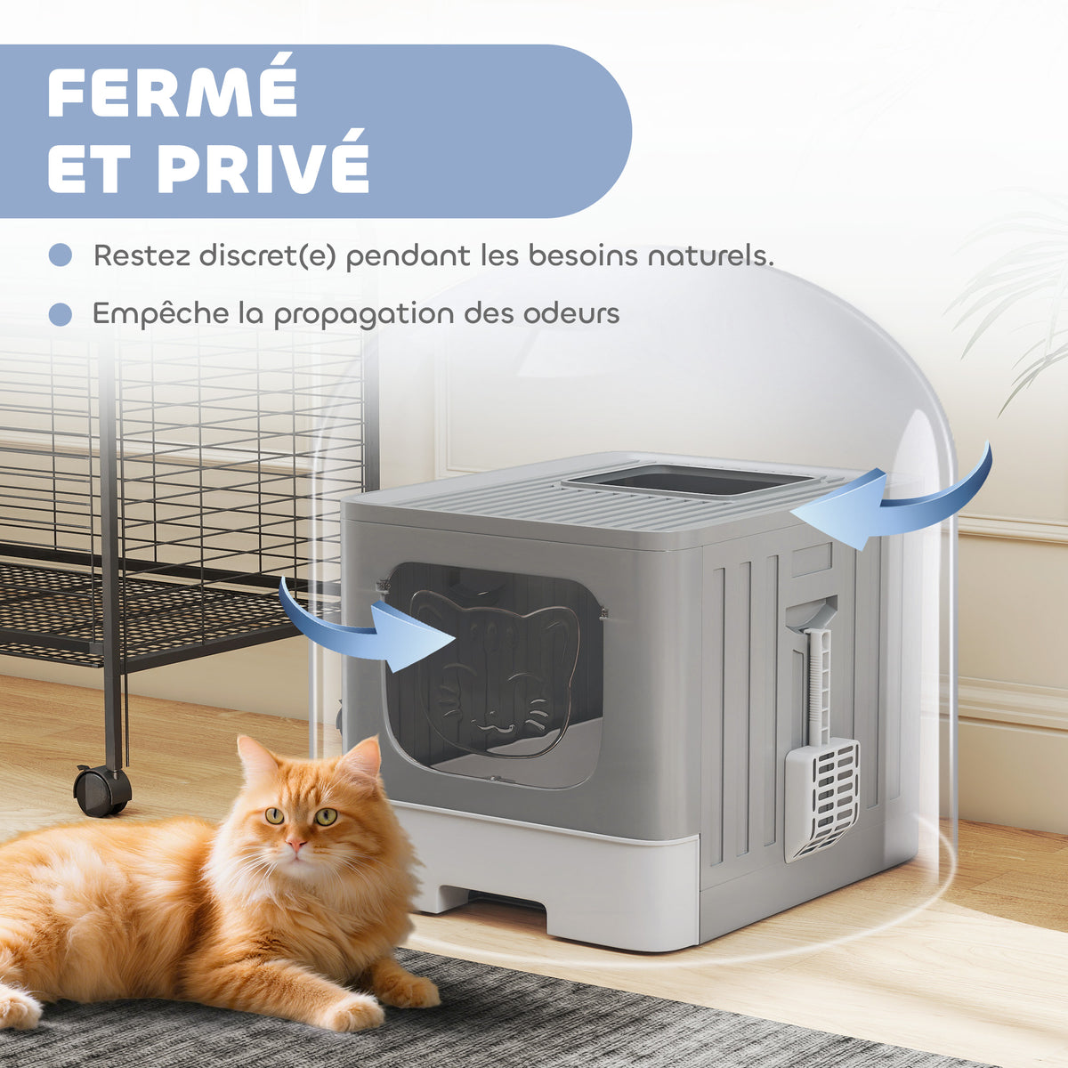 Maison de Toilette pour Chat, Tiroir Coulissant, Couvercle, 2 Portes Réglables, Pelle, Détachable, 48x38x38,5cm, Gris-4