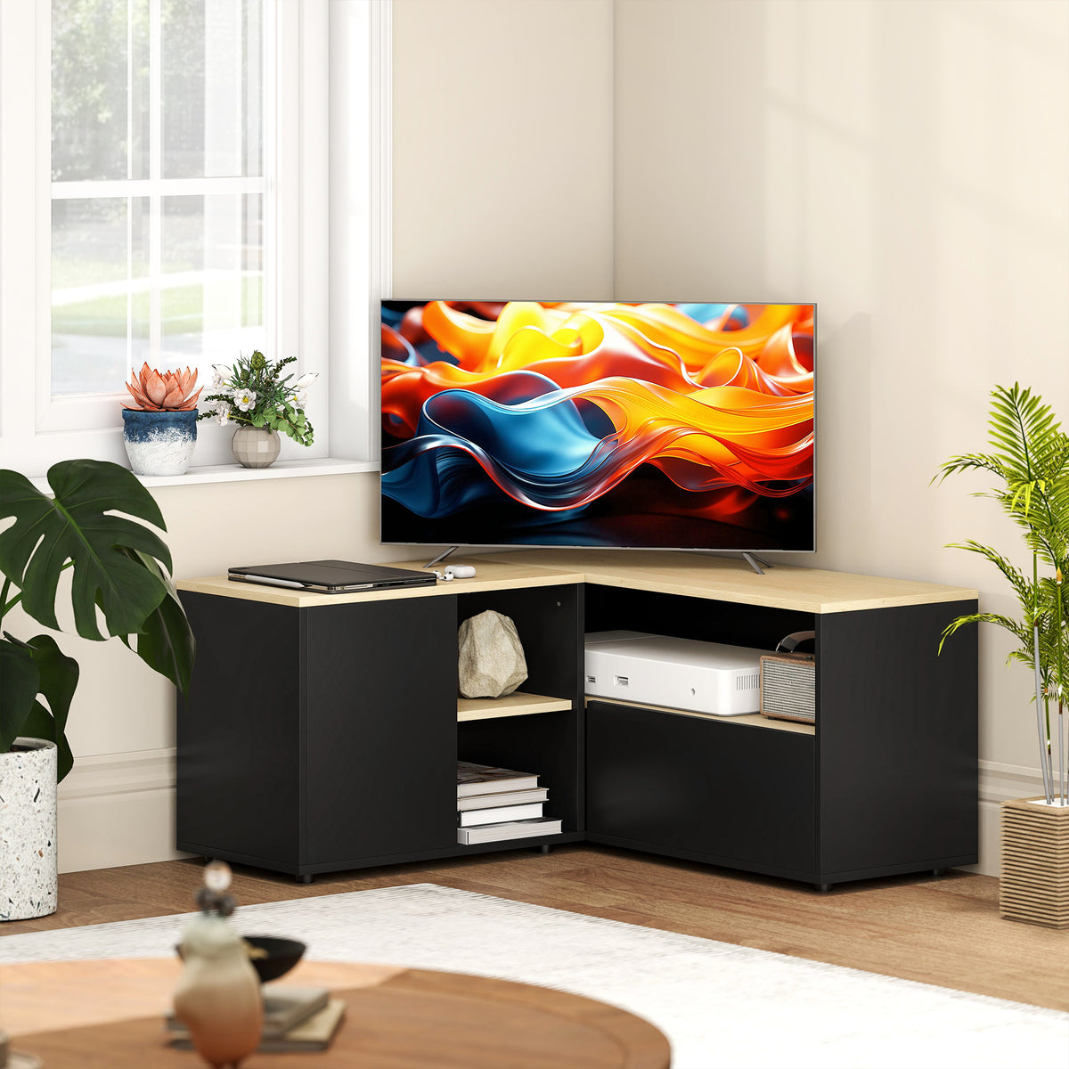 Meuble TV d'angle banc télévision jusqu'à 40 pouces avec 2 placards et 3 niches 90 x 90 x 45 cm chêne et noir-7