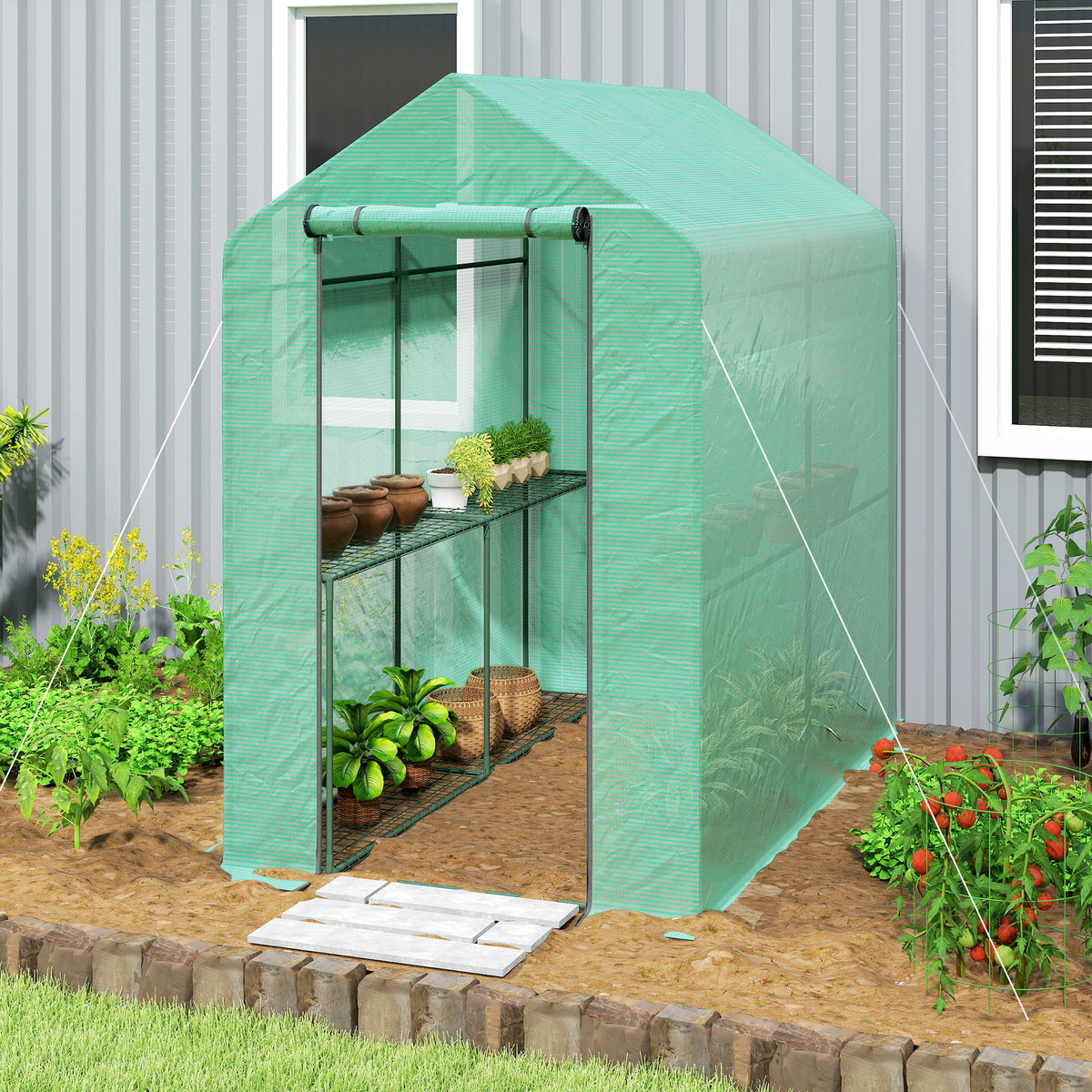 Serre de jardin PE étagère 2 niveaux, serre de balcon, bâche renforcée 140 g/m², châssis en acier, 186x120x190cm, vert-1