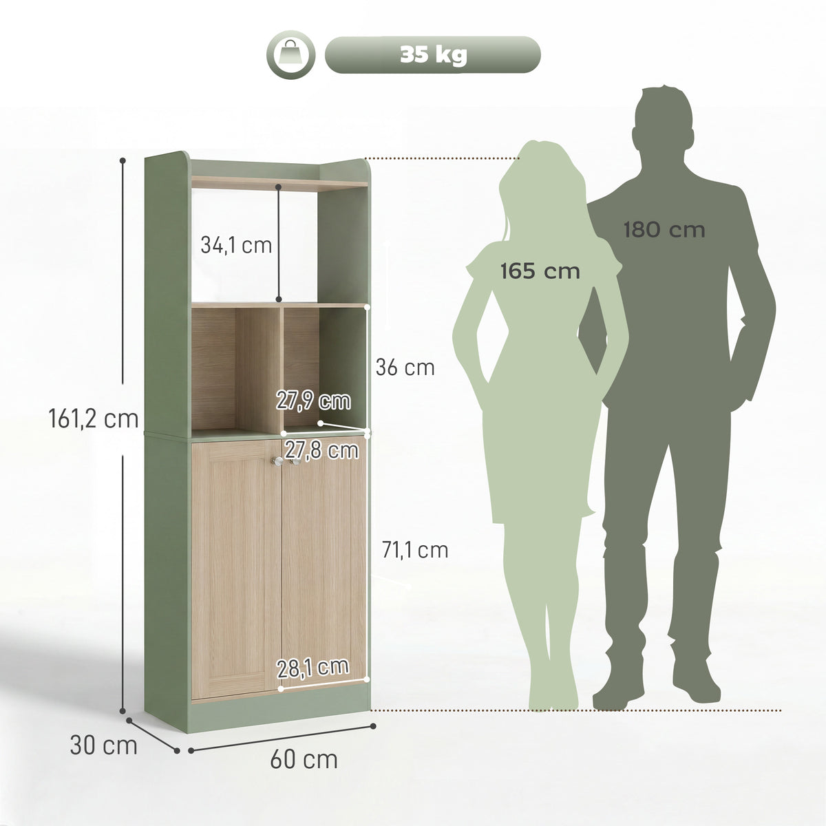 Bibliothèque à 5 niveaux, meuble de rangement, étagère à livres avec 2 portes, 60 x 30 x 161,2 cm vert et bois naturel-2