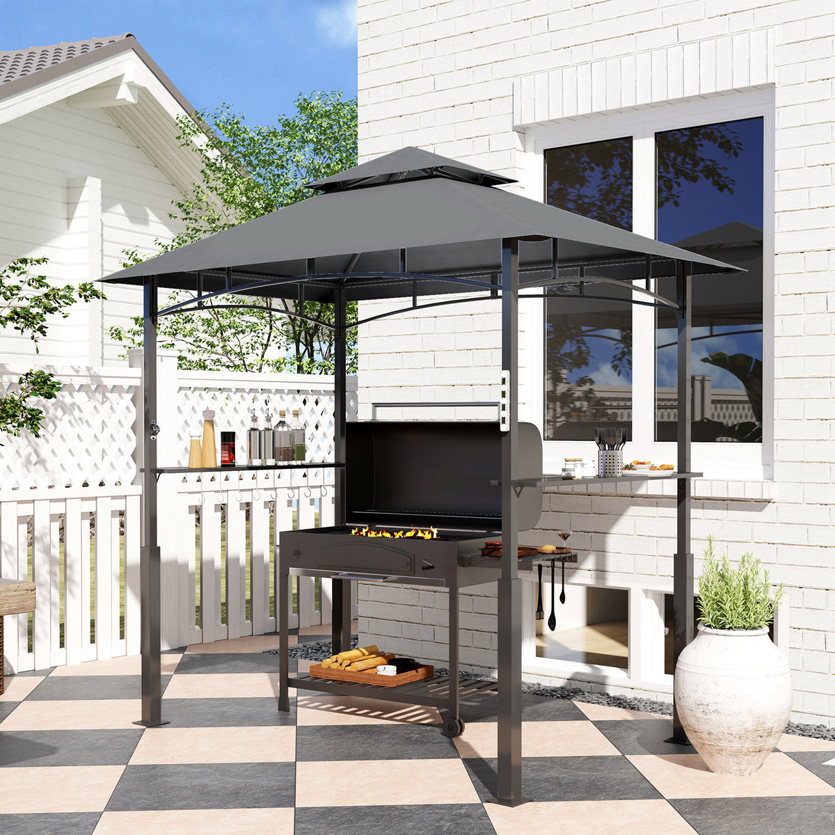 Tonnelle de barbecue à deux niveaux auvent de réception pour jardin avec lumière LED 243 x 148 x 248 cm gris foncé-9