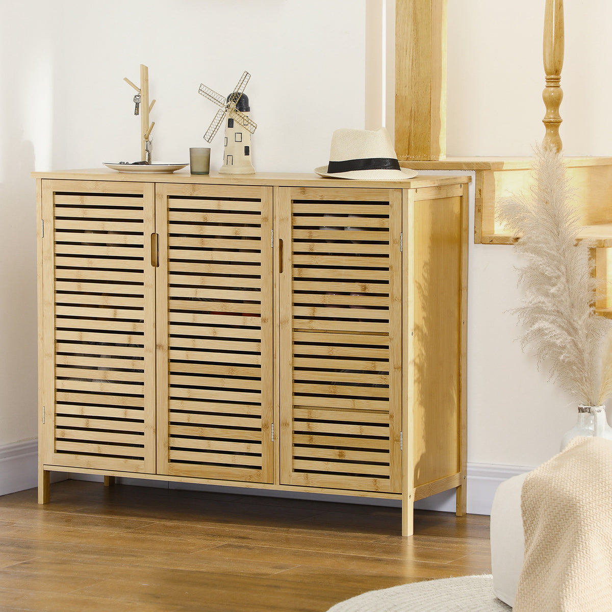 Meuble à chaussures armoire à chaussures style naturel - 2 placards avec 8 étagères - en bambou bois naturel-9