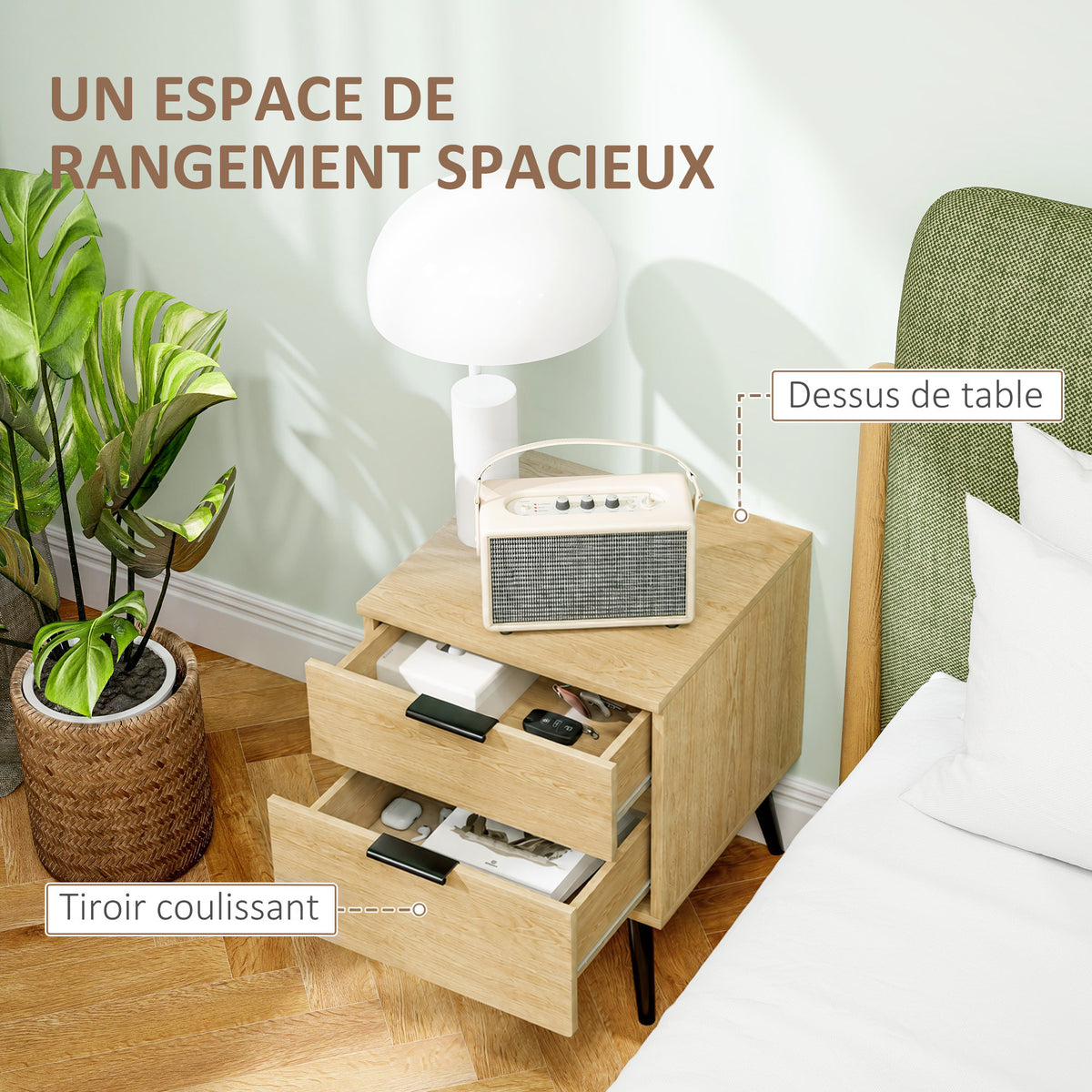 Lot de 2 tables de chevet table de nuit style nordique moderne avec tiroir à deux niveaux 40 x 40 x 50 cm chêne-4