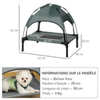 Lit chien sureleve avec parasol, lit de camp chien chat sur pieds tissu Oxford respirant, anti-UV cadre en métal sac de transport inclus couchage extérieur pour chat 161 x 46 x 61 cm gris noir-2
