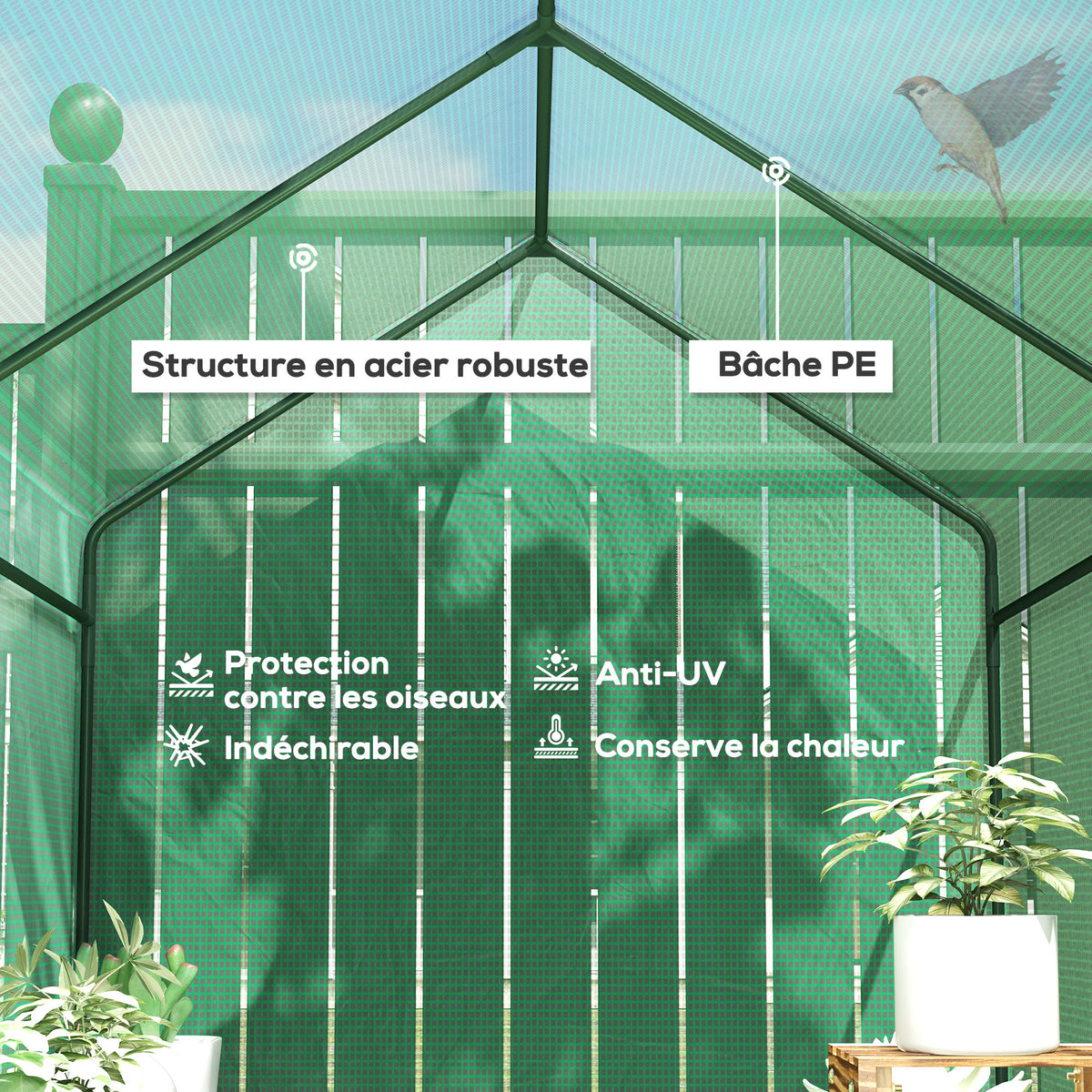 Serre de jardin PE étagère 2 niveaux, serre de balcon, bâche renforcée 140 g/m², châssis en acier, 186x120x190cm, vert-3