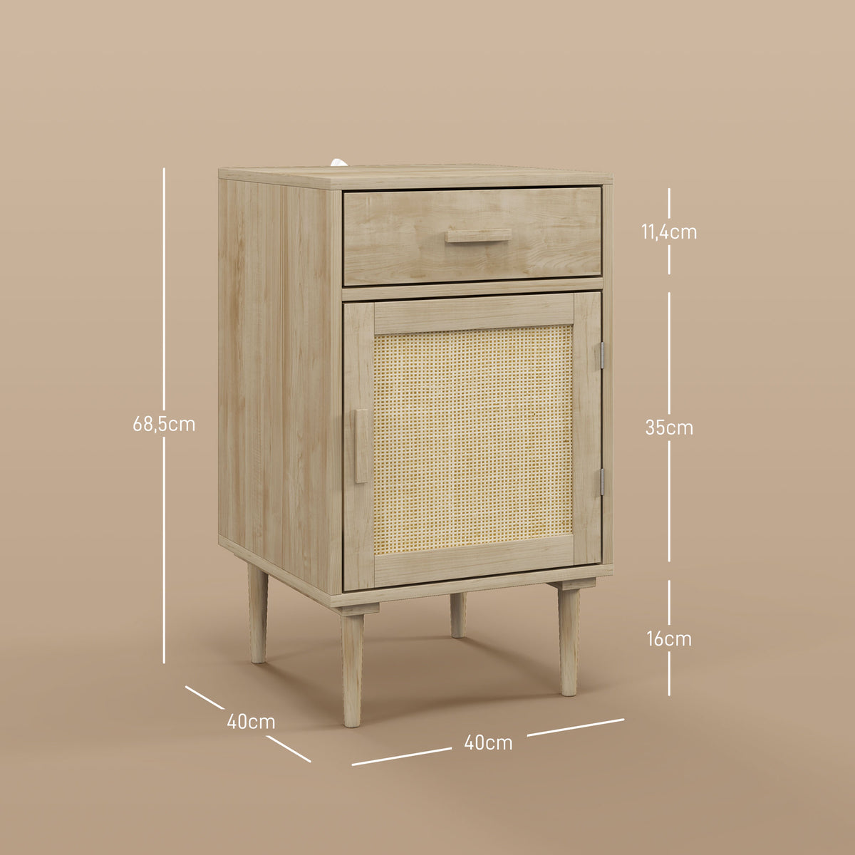 Lot de 2 tables de chevet avec placard et étagère porte rotin tissé 1 tiroir design bohème - 40 x 40 x 68,5 cm naturel-2