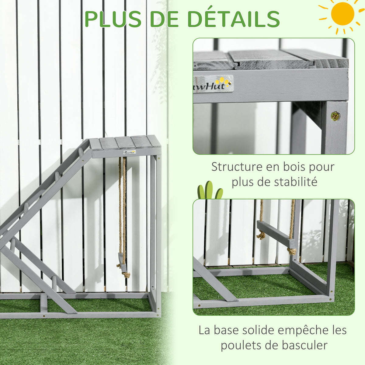 Perchoir en bois pour poule, aire de jeux en bois pour poules avec balançoire, échelle, plateforme, 96 x 40 x 71 cm, gris-5