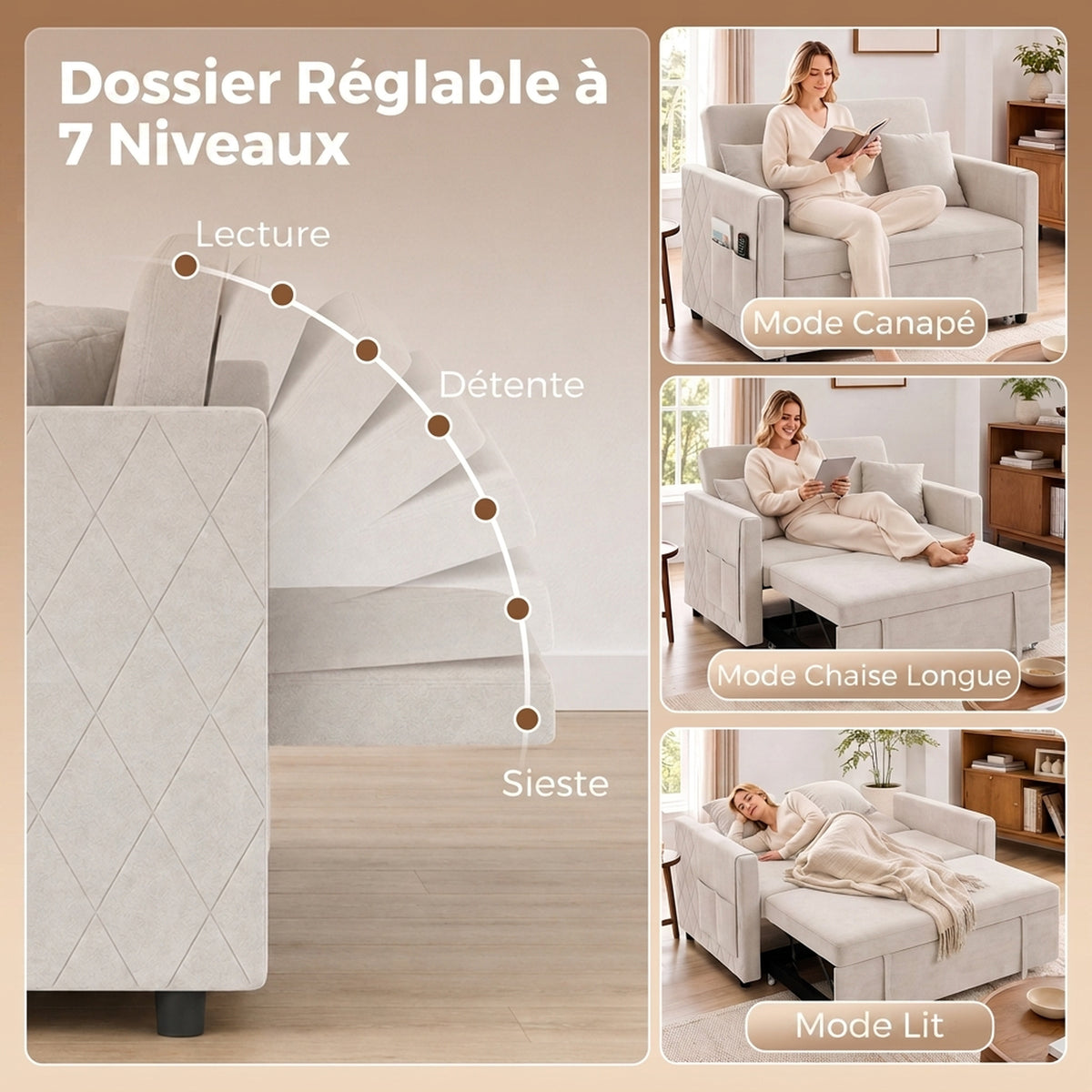 Canapé Convertible 2 Places 3 en 1, Canapé-Lit Clic Clac en Velours Hollandais, Dossier Réglable, 2 Oreillers, Beige-4