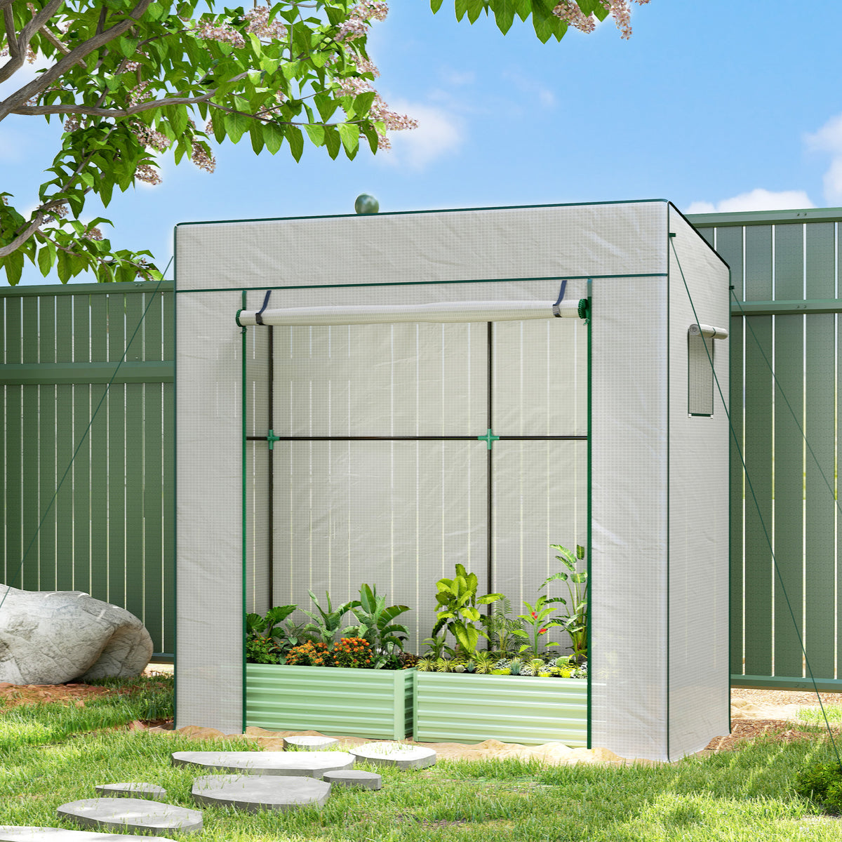 Serre de jardin murale adossée avec 1 porte enroulable, bâche PE renforcée, 2 fenêtres, dim. 196L x 77l x 197/178H cm-1