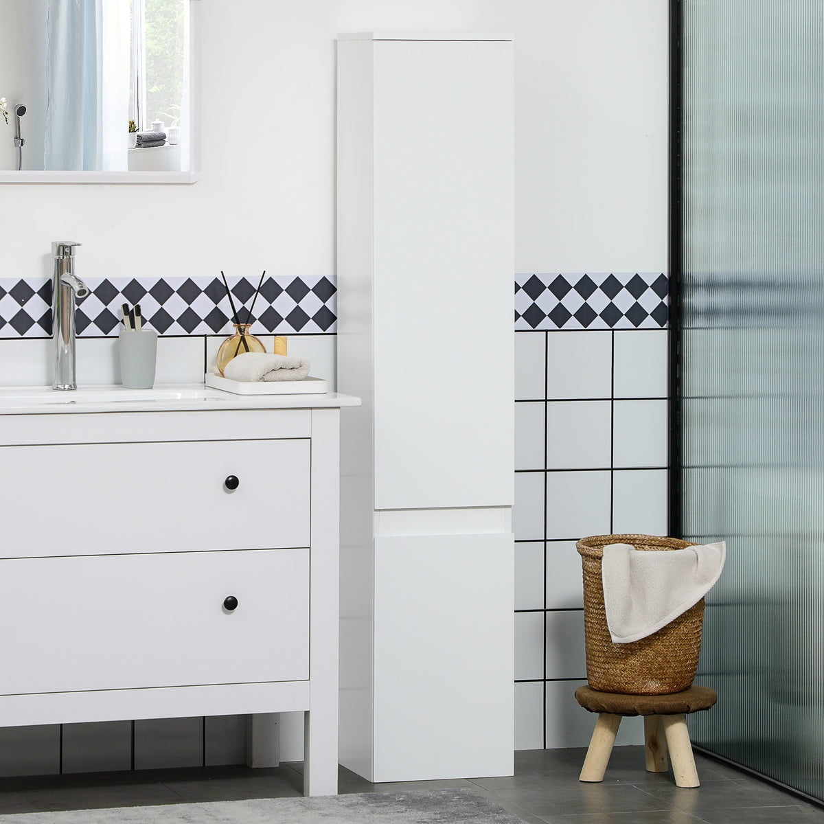 Meuble colonne rangement salle de bain 2 placards 3 étagères réglables style contemporain 30 x 28 x 152,5 cm blanc-1