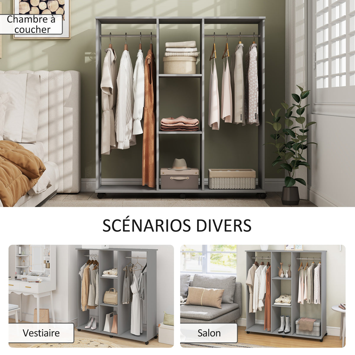 Armoire penderie meuble de rangement mobile 6 roulettes 120 x 40 x 128 cm en bois gris-4