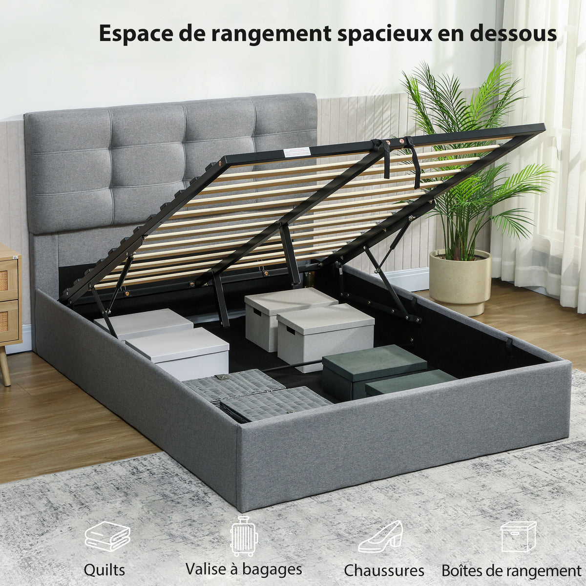 Lit coffre 140x190, cadre de lit double rembourré avec sommier à lattes en bois et rangement cach, sans matelas, gris-3