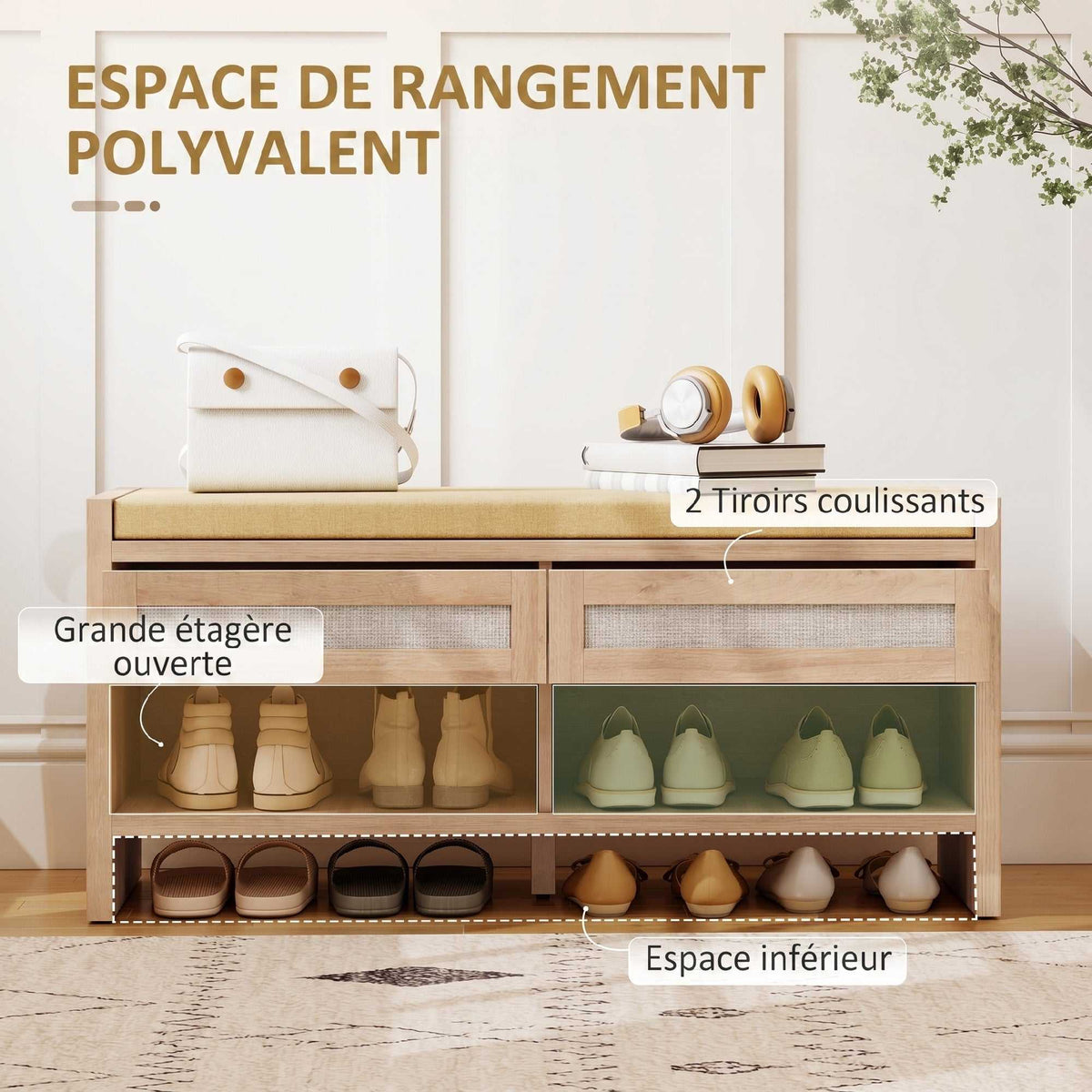 Banc chaussures entrée, banc de rangement, assise rembourrée en lin, 2 tiroirs en rotin et étagère ouverte, chêne-4
