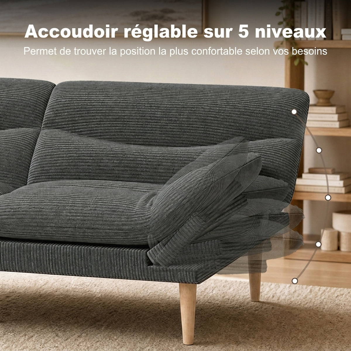 Canapé Convertible 2 Places 3 en 1, Canapé-Lit Clic Clac en Velours Côtelé 193 cm, Dossier et Accoudoirs Réglables, Gris-4
