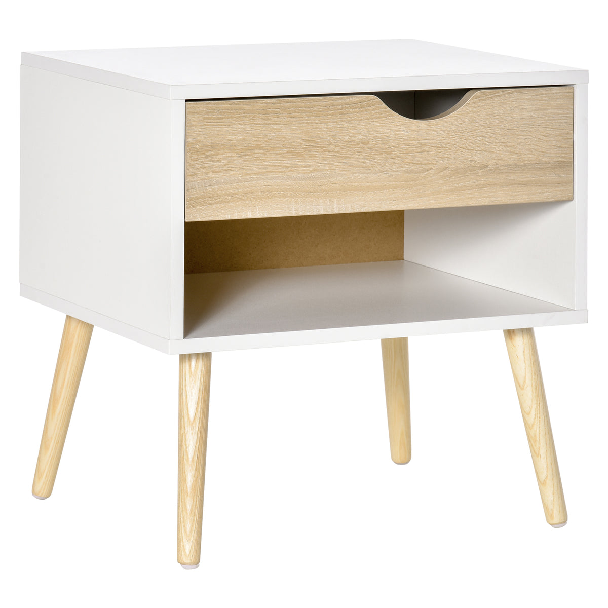 Table de chevet, table de nuit, avec tiroir, design moderne, pieds en bois massif, 50 x 39 x 51 cm, blanc et bois naturel-0