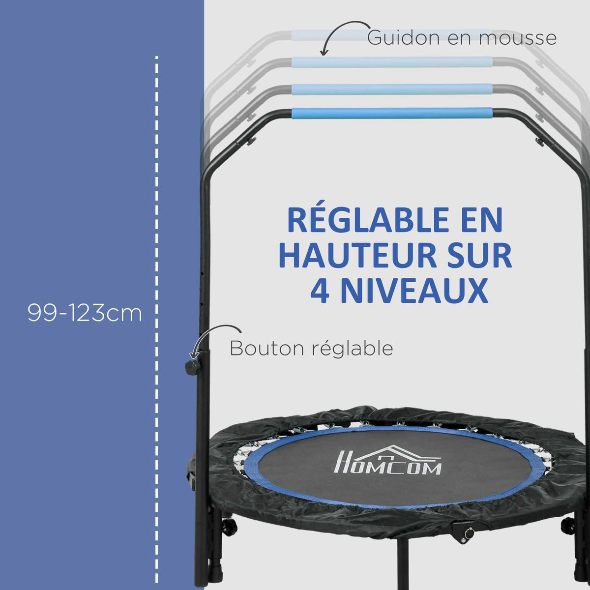 Trampoline de fitness gymnastique avec poignée réglable, pliable, 6 pieds, 28 ressorts Ø 102 cm, noir bleu-3