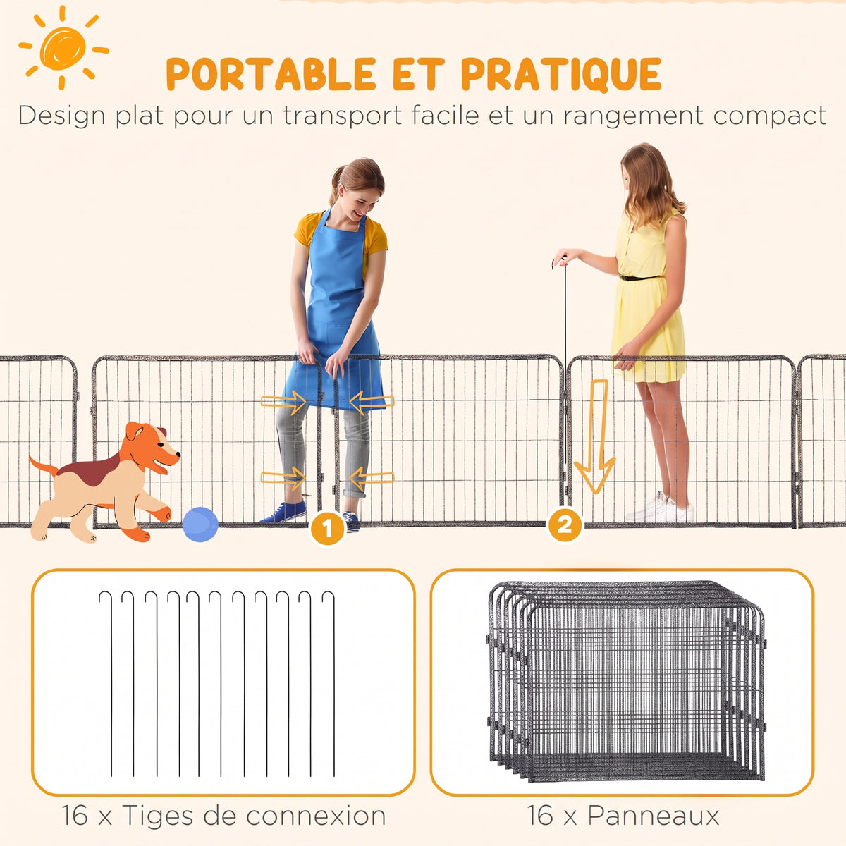 Parc pour chien, enclos chien 16 panneaux modulable et pliable, portable en acier avec portes 80 x 60 gris-5