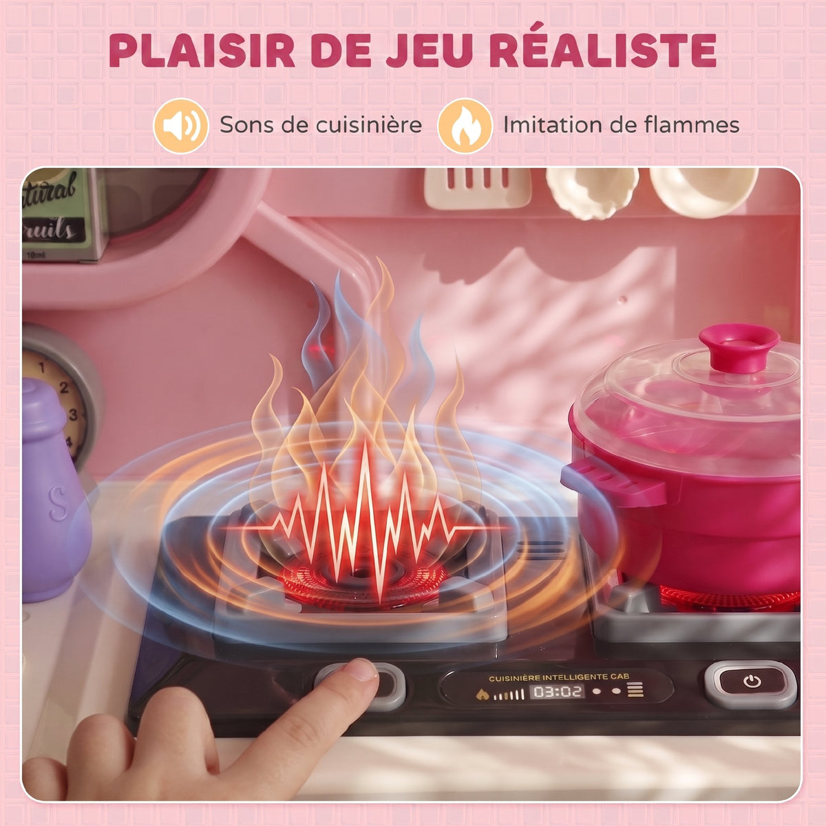 Cuisine pour Enfants Interactive, 33 Accessoires, avec Sons, Lumières, Rangement, 3-6 Ans, 67x25x87cm, Rose-4