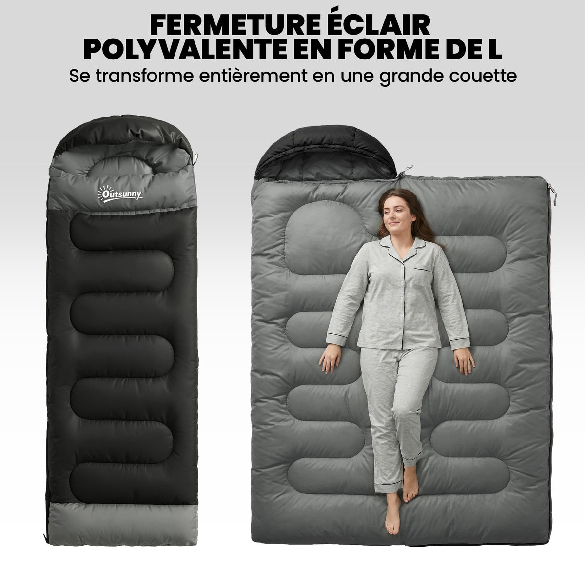 Sac de Couchage Adulte, avec Section Tête, Fermeture Éclair et Sac de Rangement, 300 g/m², 215x75x10cm, Noir-4