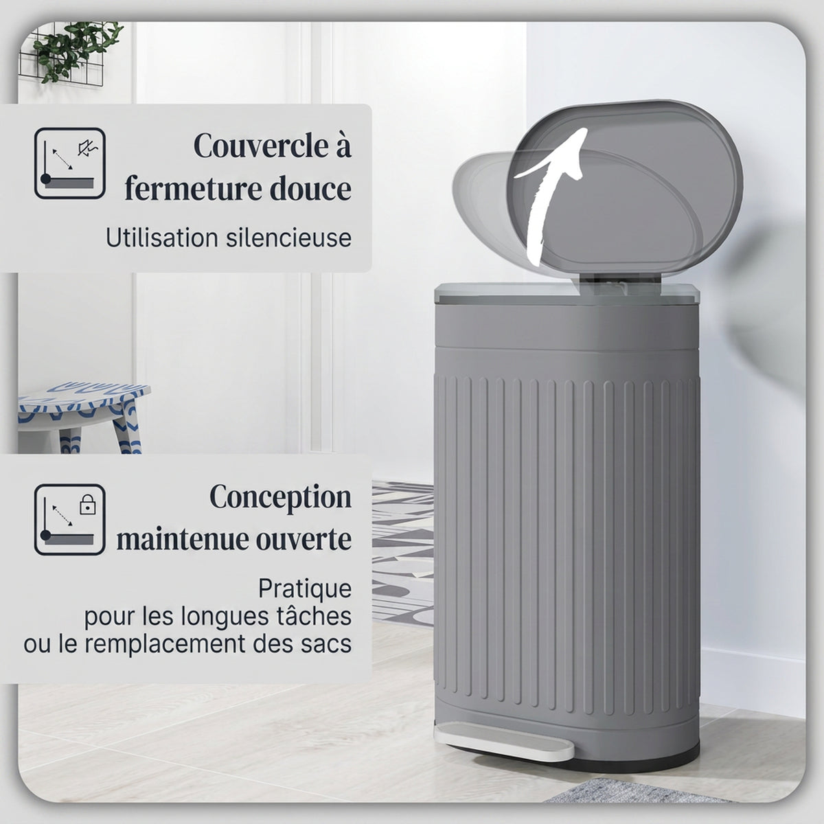 Poubelle de cuisine poubelle à pédale 30L couvercle à fermeture douce seau intérieur amovible 36,5 x 31,2 x 60,8 cm gris-4