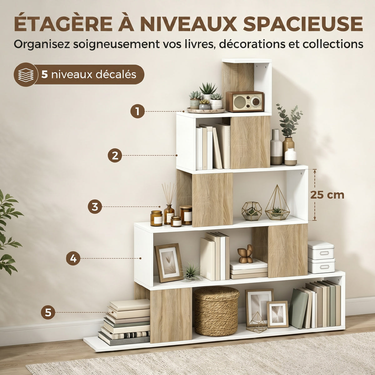 Étagère de rangement, bibliothèque géométrique à 5 niveaux, pour bureau, salon, chambre, blanc et bois naturel-4